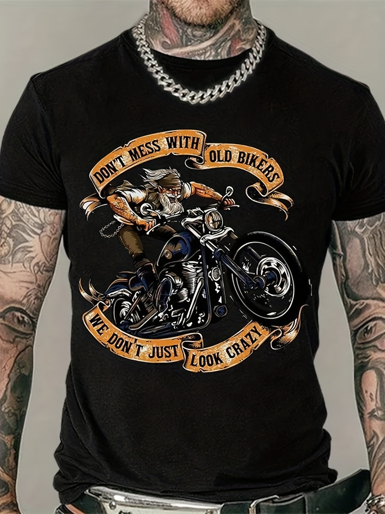 Large Size Men’s Motorcycle Old Man Pattern Printed T-shirt, Elastic Short Sleeved Round Neck Top, Summer Fashion Trend Clothing, Suitable For Tall And Strong Men, Hot Selling Gift