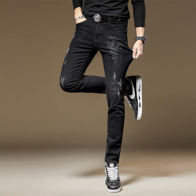 Embroidered Jeans Men’s Slim Fit Ankle Tight Trousers