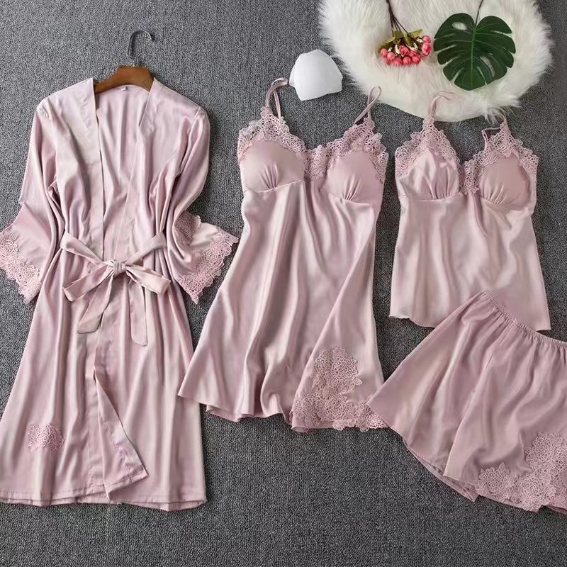 Spring And Autumn Sexy Four-piece Lace Ice Silk Thin With Shoulder-straps Nightdress