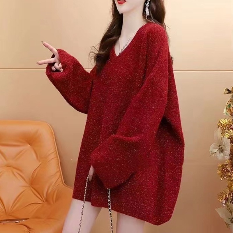 New Year Idle Style Burgundy V-neck Sweater Knitted Coat