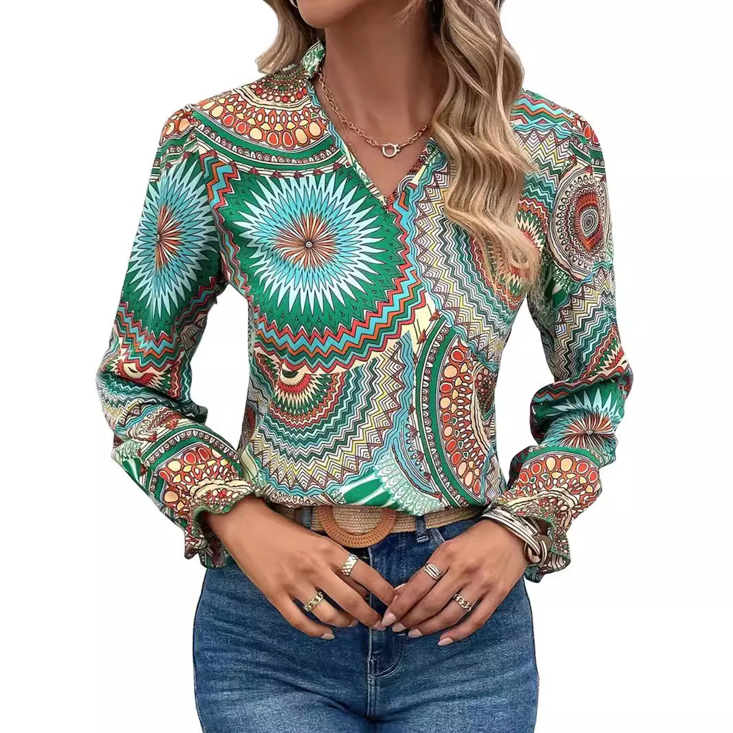 Printed V-neck Pullover Leisure Shirt Top For Women