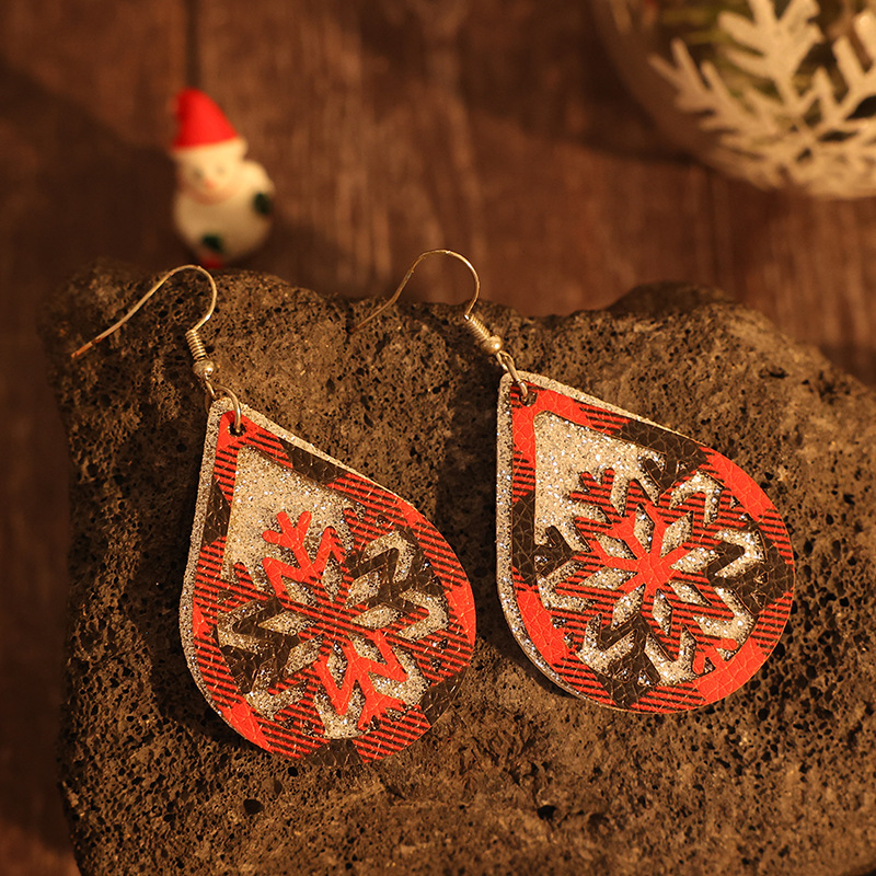 Double-Layer Silver Red Black Plaid Hollow Snowflake Leather Earrings