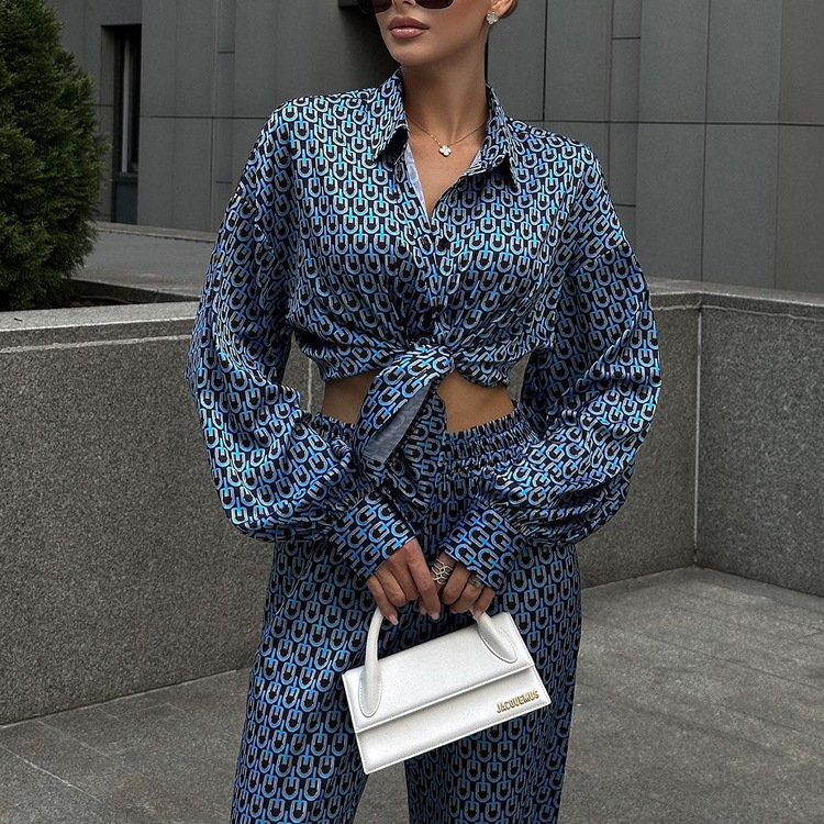 Printed Long Sleeve Lapel Shirt Drooping Wide-leg Pants Fashion Two-piece Suit