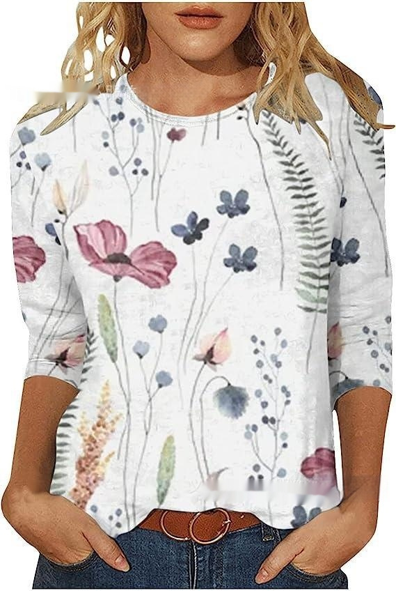 T-shirt 3d Digital Printed V-neck Flower 34 Sleeve