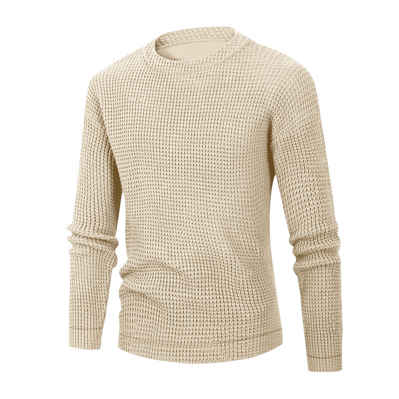 Men’s Solid Color Waffle Autumn Long Sleeve Round Neck Base Sweater