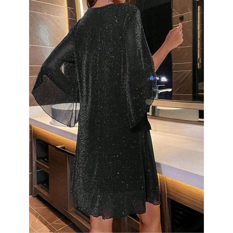 V-neck Half Sleeve Loose Waist Shiny Ladies Dress