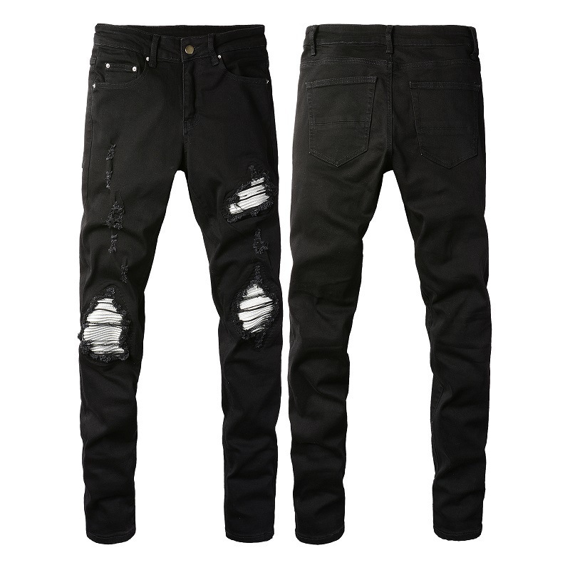 European And American Men’s Slim-fit Ripped Silver Patch Jeans