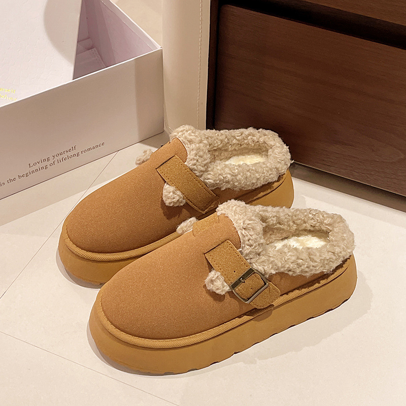 Muffin Platform Fluffy Shoes Women’s Fleece-lined Half Slippers Cotton Shoes