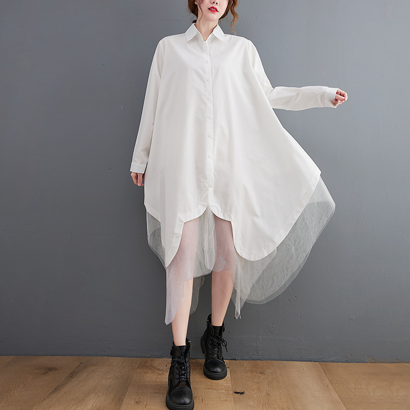 Loose False Two Pieces Large Swing Irregular Stitching Double-layer Mesh Shirt Dress