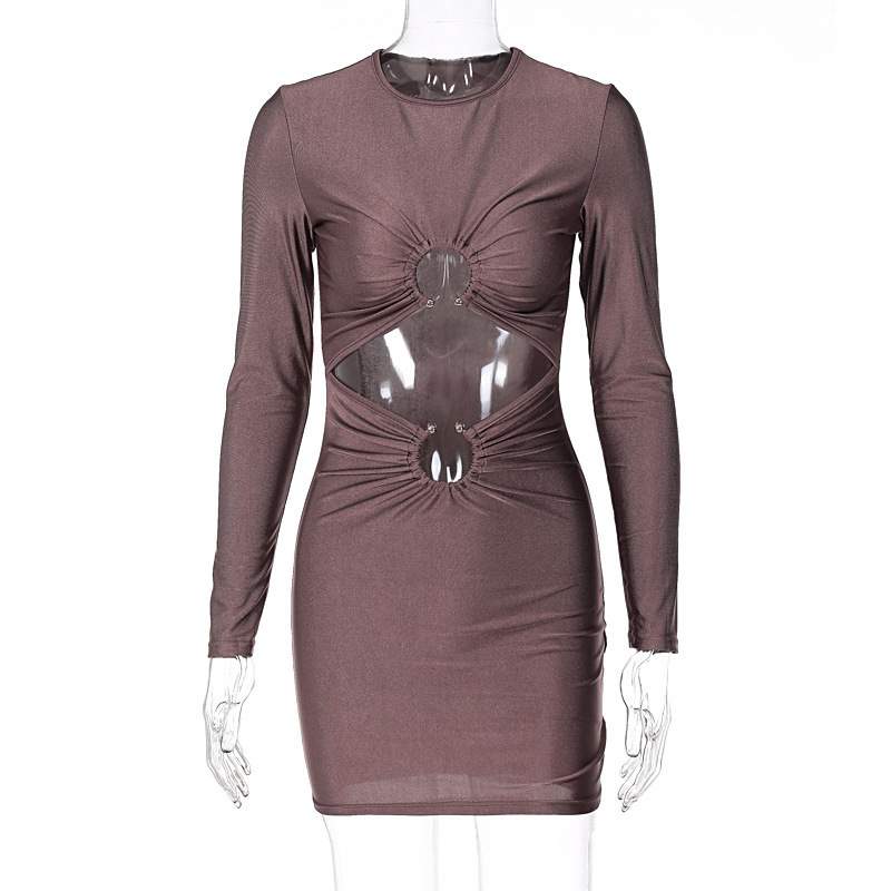 Women’s Skirt Slim Fit Midriff Outfit Metal Buckle Long Sleeve Short Dress