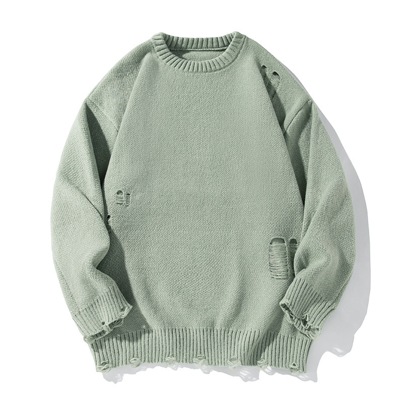 Retro Hollow-out Ripped Design Round Neck Sweater