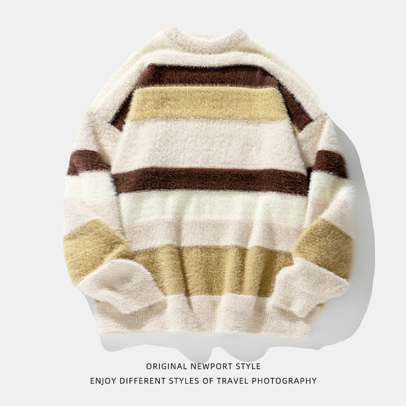 Artificial Mink Fur Contrast Color Striped Round Neck Sweater Japanese-style Retro