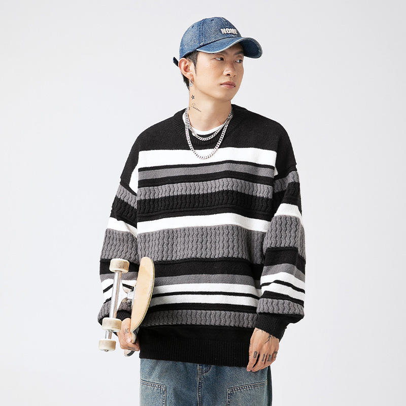 Japanese Round Neck Sweater Men’s Striped Color Contrast Patchwork