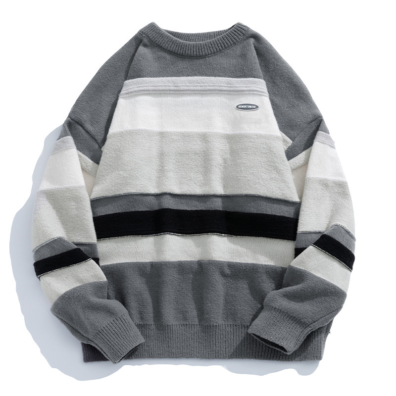 Japanese Style Men’s Clothing Vintage Stripe Round Neck Sweater