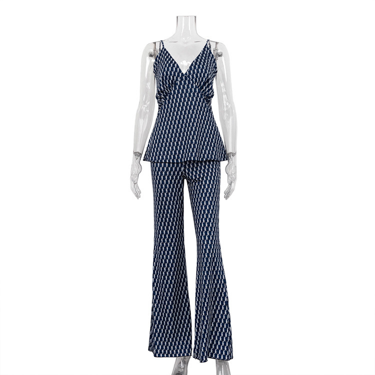 Sleeveless V-neck Strap Top Wide Leg Pants Two-piece Set