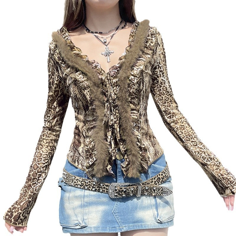 Leopard Print Stud For Autumn And Winter Printed Fur Collar Stitching Long Sleeve Lace-up Cardigan High Waist Package Hip Skirt