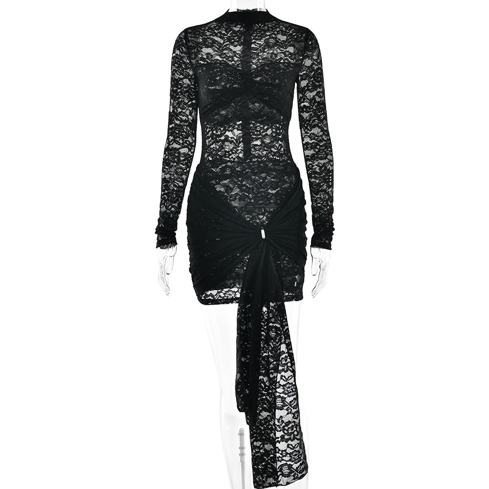 Slim Lace Women’s Clothing Dress Long Sleeve See-through