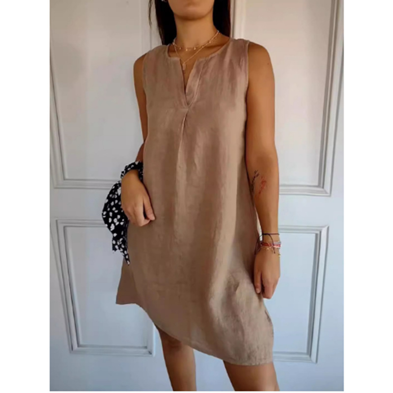 Sleeveless Solid Color Cotton And Linen Women’s Clothing Dress