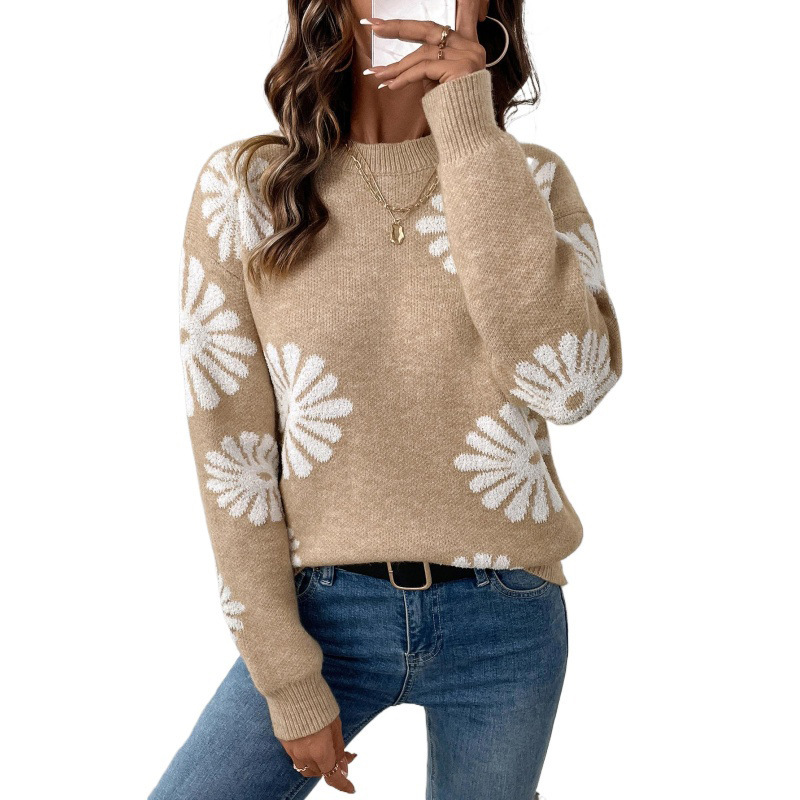 Women’s Long Sleeve Round Neck Flower Sweater Loose