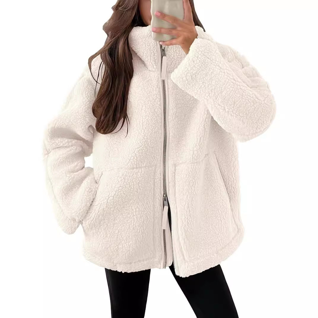 Winter Lapel Zip-up Coat With Pockets Casual Fashion Solid Fleece Jacket Fall Spring Long Sleeve Women’s Clothing