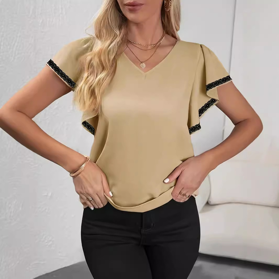 Women’s Fashion Ruffle Sleeve Solid Color And V-neck T-shirt