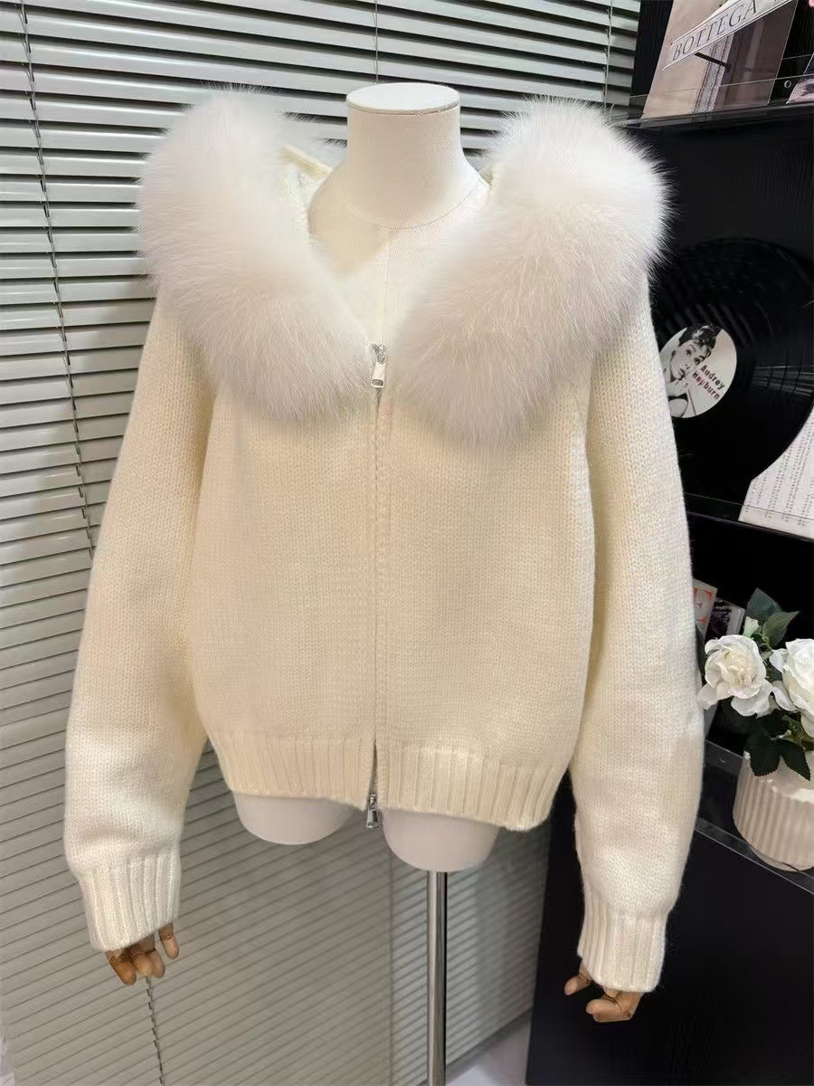 High-grade Women’s Top Hooded Knitted Fur Collar Cardigan