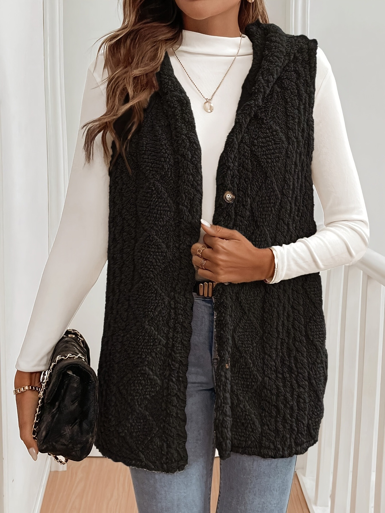 Women’s Plush Coat Double-sided Diamond Plaid Texture Wool Fabric Sleeveless