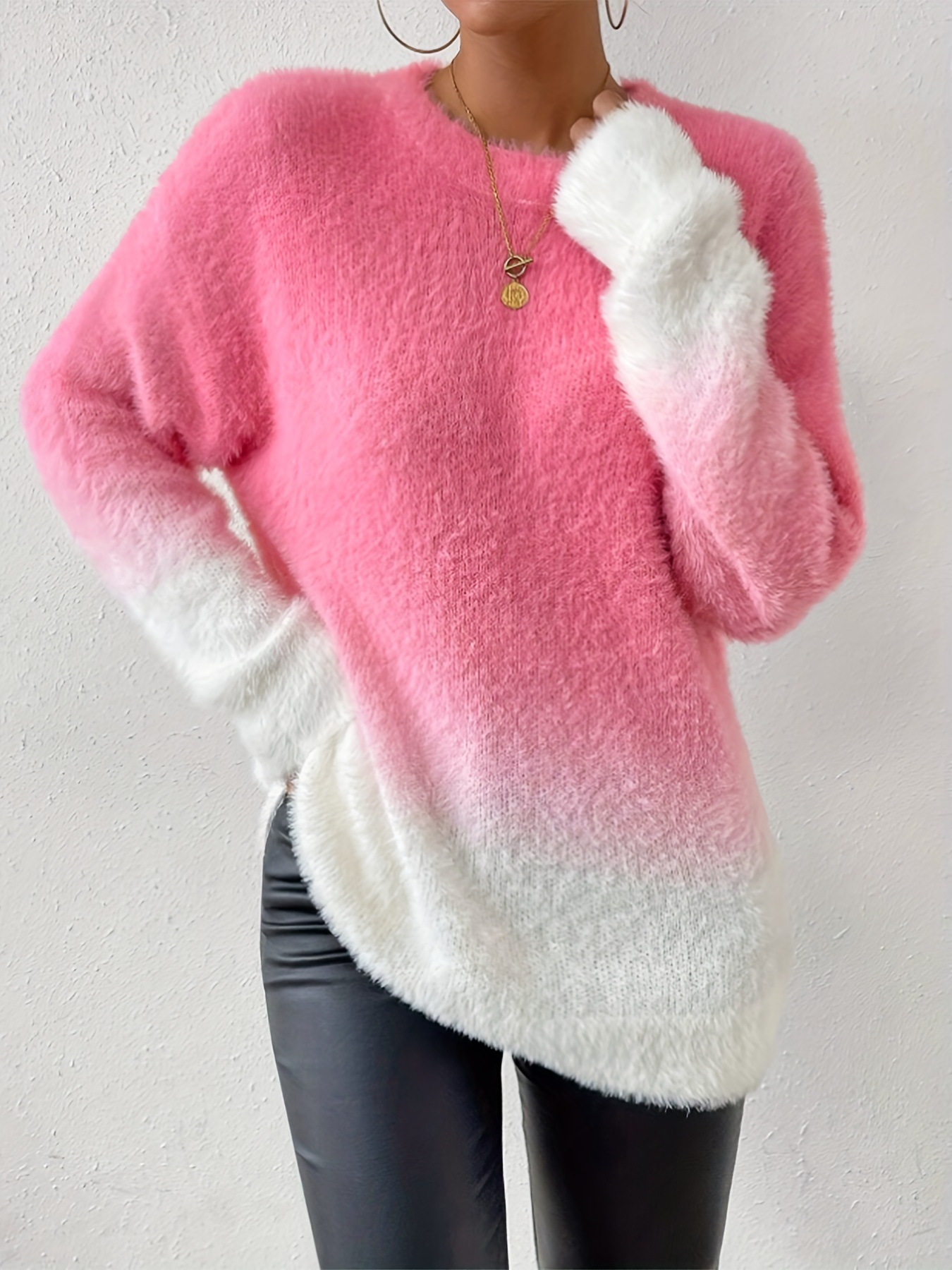 Lady Temperament Woolen Gradient Top Fashion Round Neck Sweater