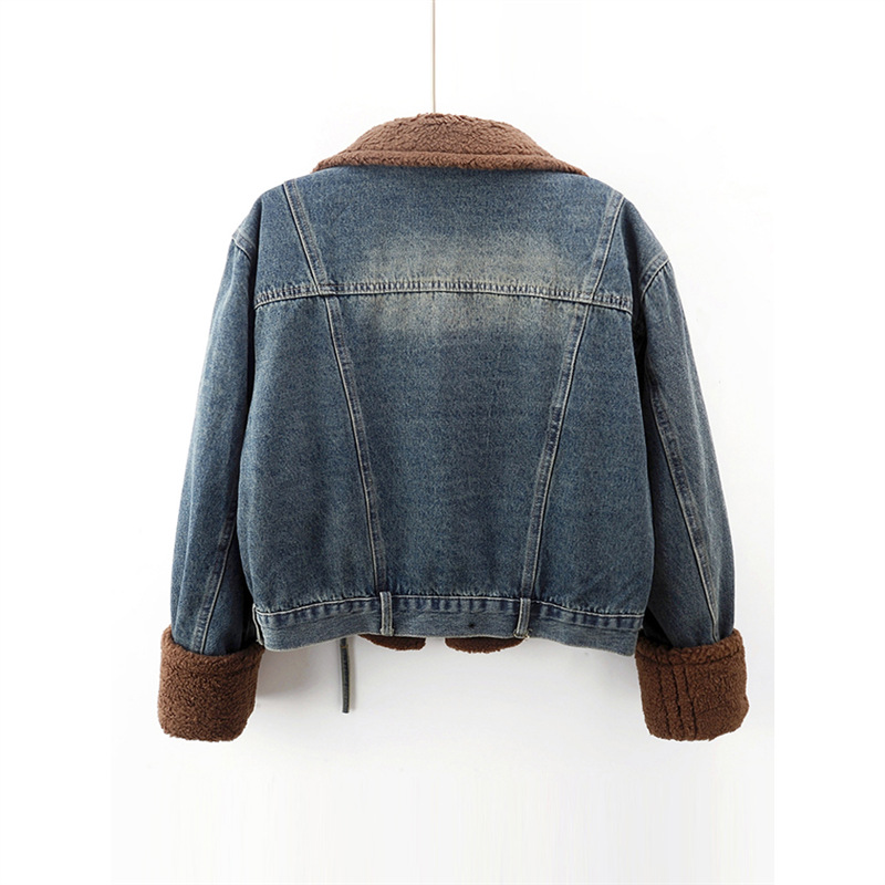 Lamb Wool Stitching Lightweight Down Liner Fleece-lined Denim Coat Women’s Short Top Jacket