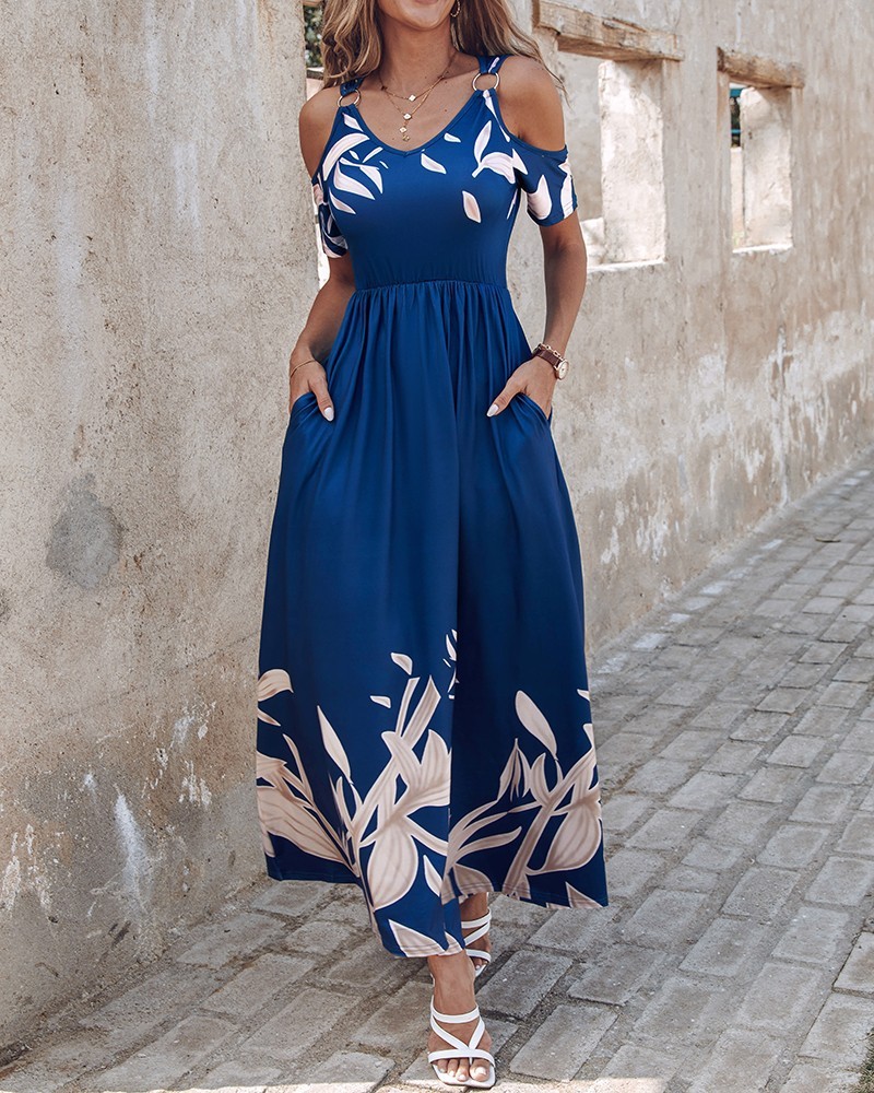 Fashion Shoulder-baring Printed Waist-controlled Long Dress