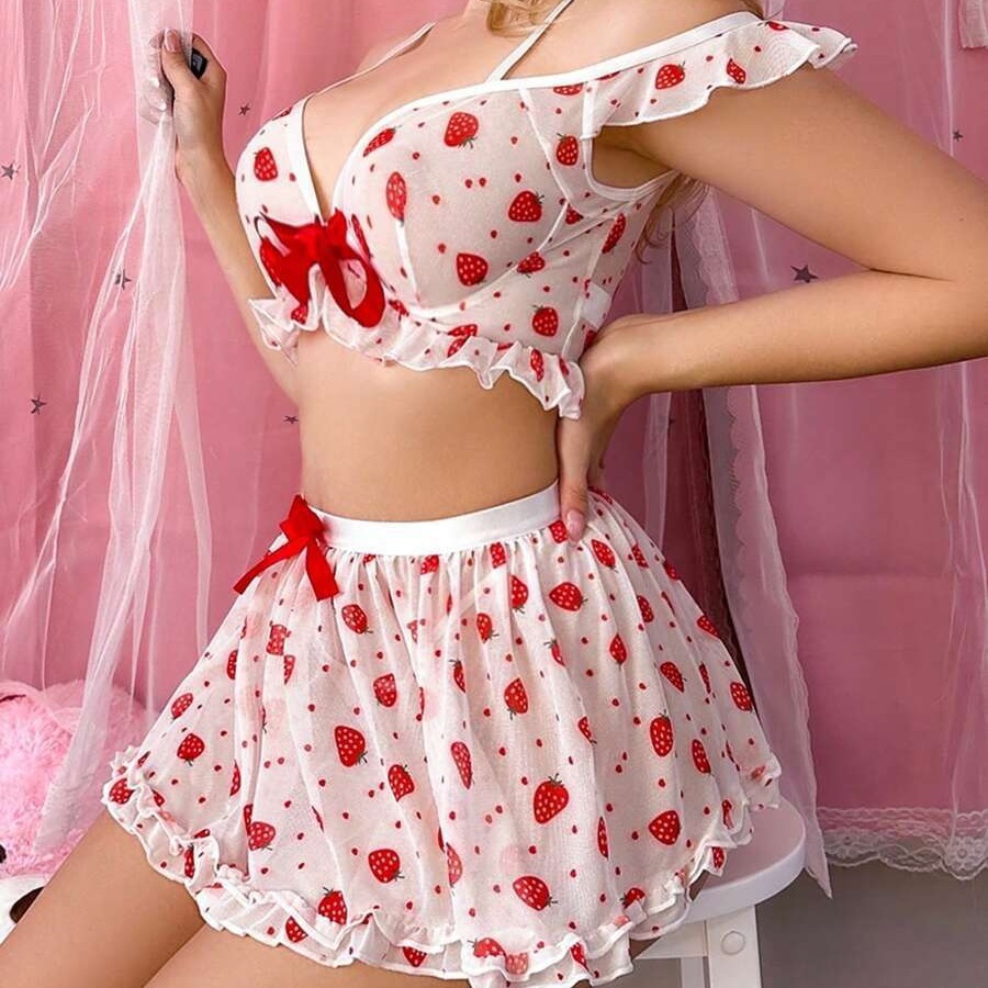 Strawberry Print Stitching Cute Lace Pajamas Skirt Outfit