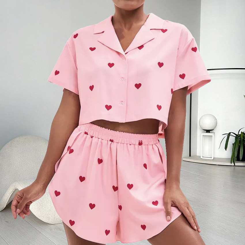 Women’s Silk-like Heart Printing Pajamas Two-piece Set