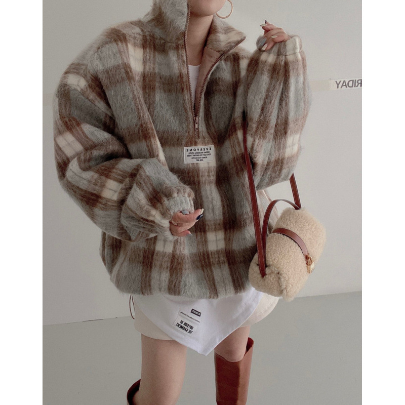 Autumn And Winter Niche Temperament Stand Collar Plaid Woolen Sweater For Women