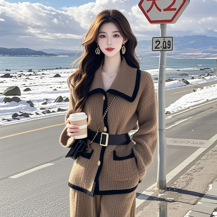 Autumn And Winter Brown Sweater Coat & Trousers Two-piece Set For Women