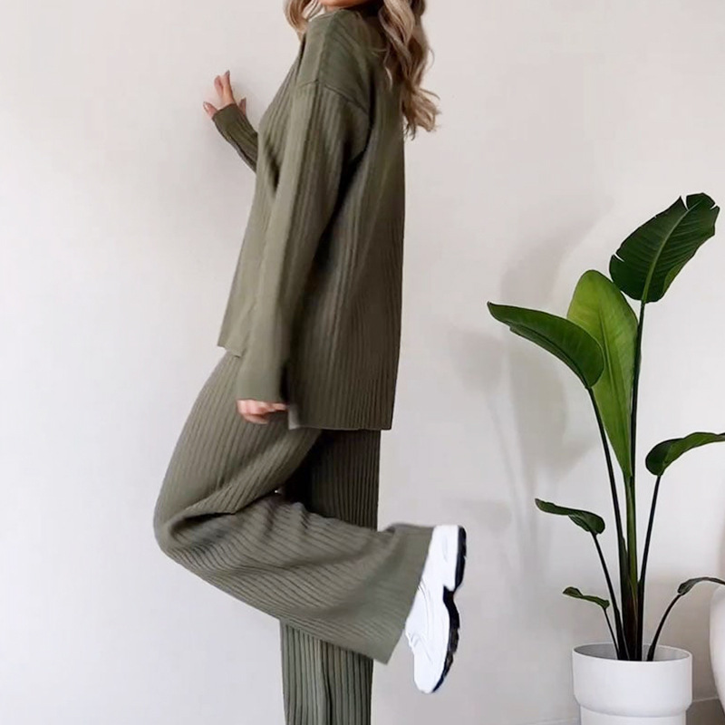 Turtleneck Knitted Suit Loose Split Design Long-sleeved Top And Straight Trousers Fashion Casual Solid Set Women’s Clothing