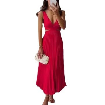 Summer New V-neck Sleeveless Hollow Backless Pleated Dress