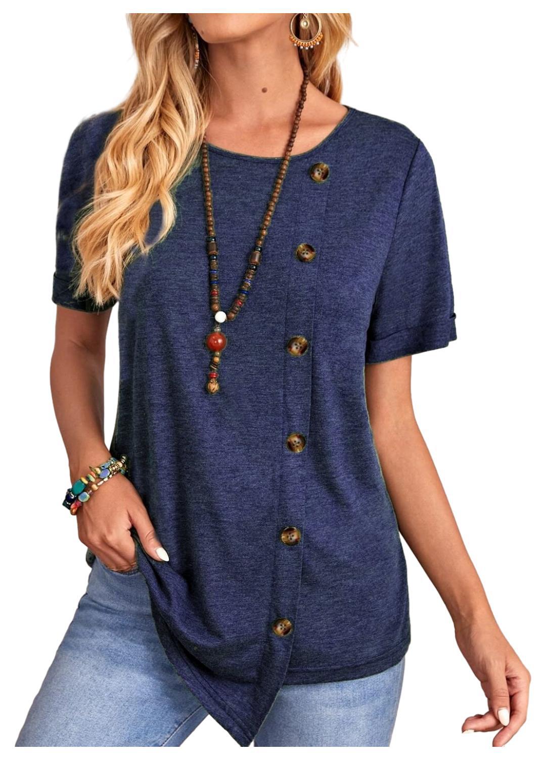 Round Neck Button Irregular Hem Short Sleeve T-shirt