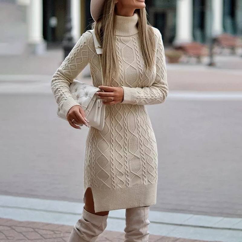 Fashion Turtleneck Knitted Dress With Slit Design Winter Warm Solid Color Pullover Long Sweater Women’s Clothing