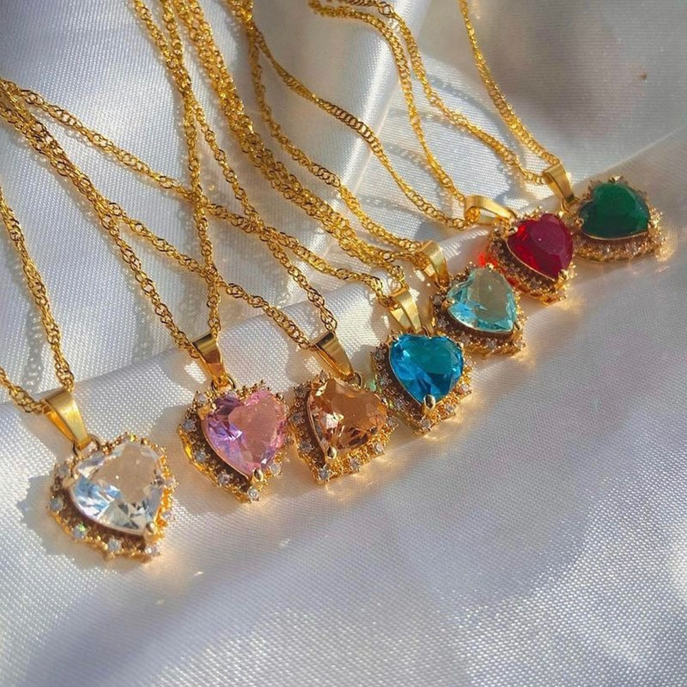 Colorful Rhinestones Heart-shped Necklace Love Gold Clavicle Chain Ins Personalized Jewelry For Women Valentine’s Day